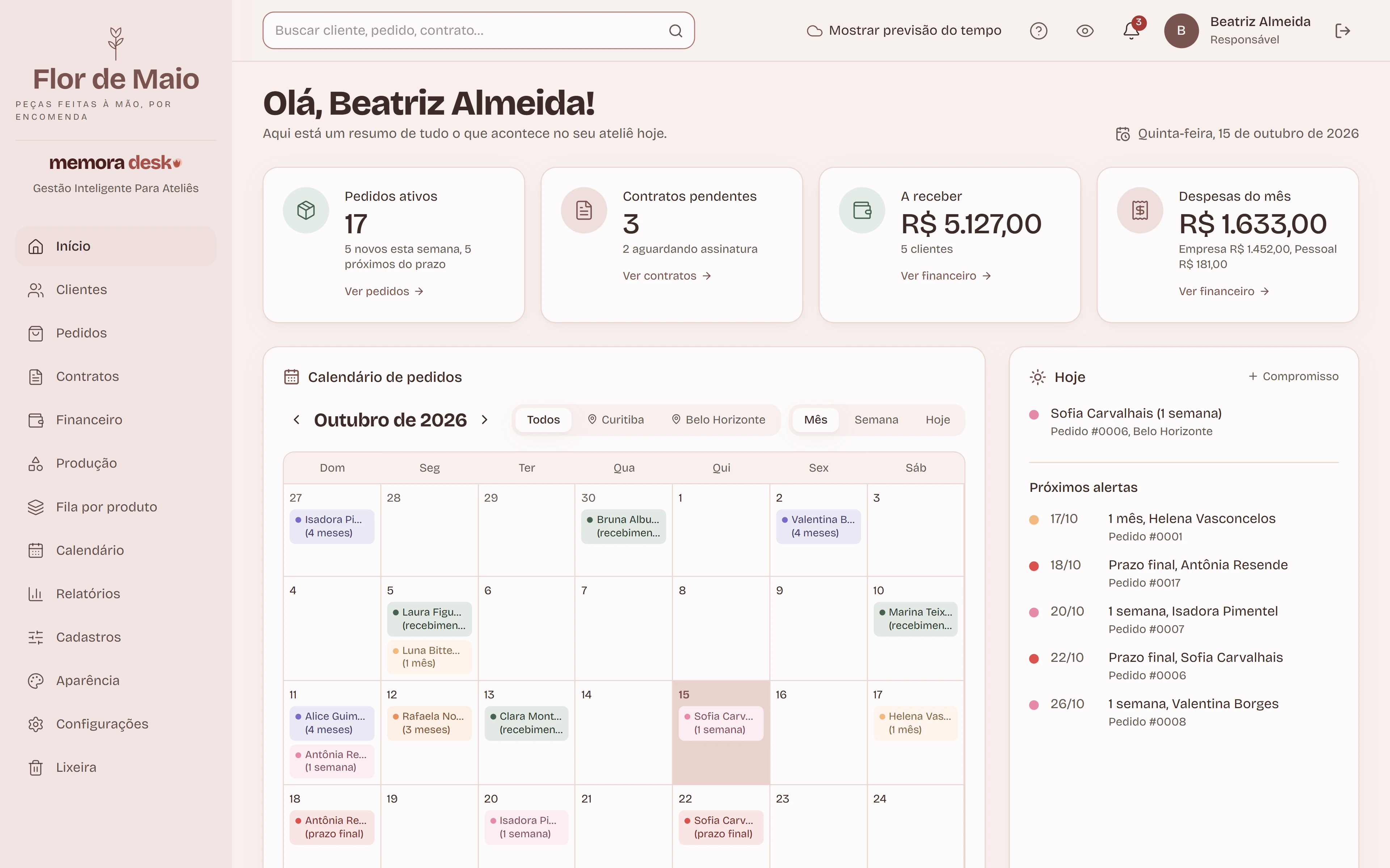 Tela inicial do MemoraDesk: pedidos ativos, contratos pendentes, o que falta receber, despesas do mês, calendário e os próximos alertas.