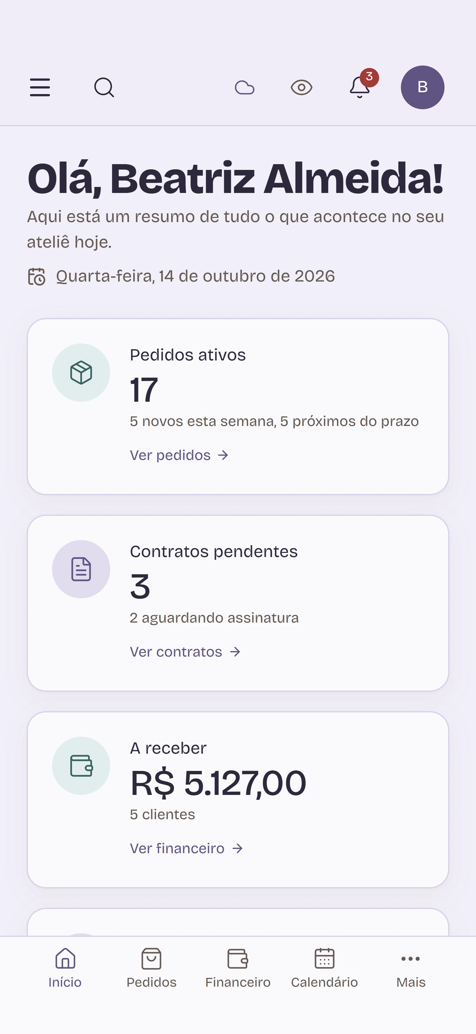 Tela inicial no celular com a identidade do ateliê de exemplo Lavanda & Cia.