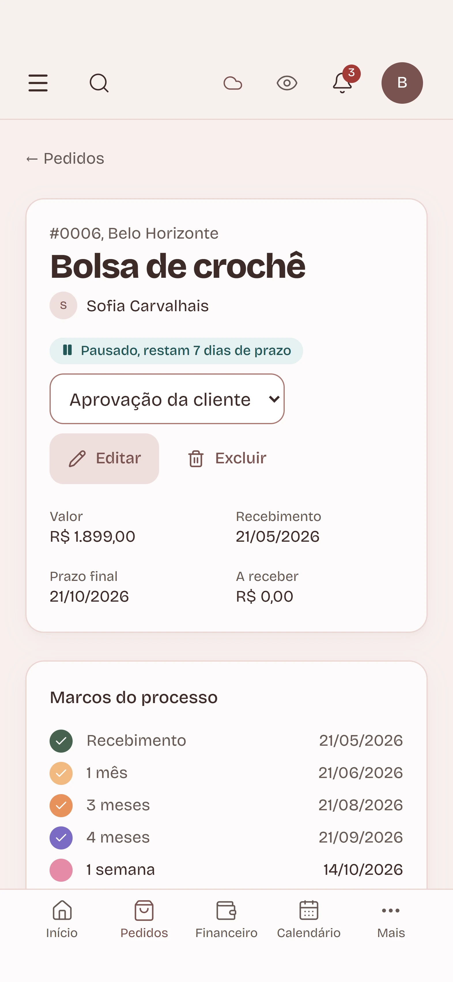 Pedido no celular.