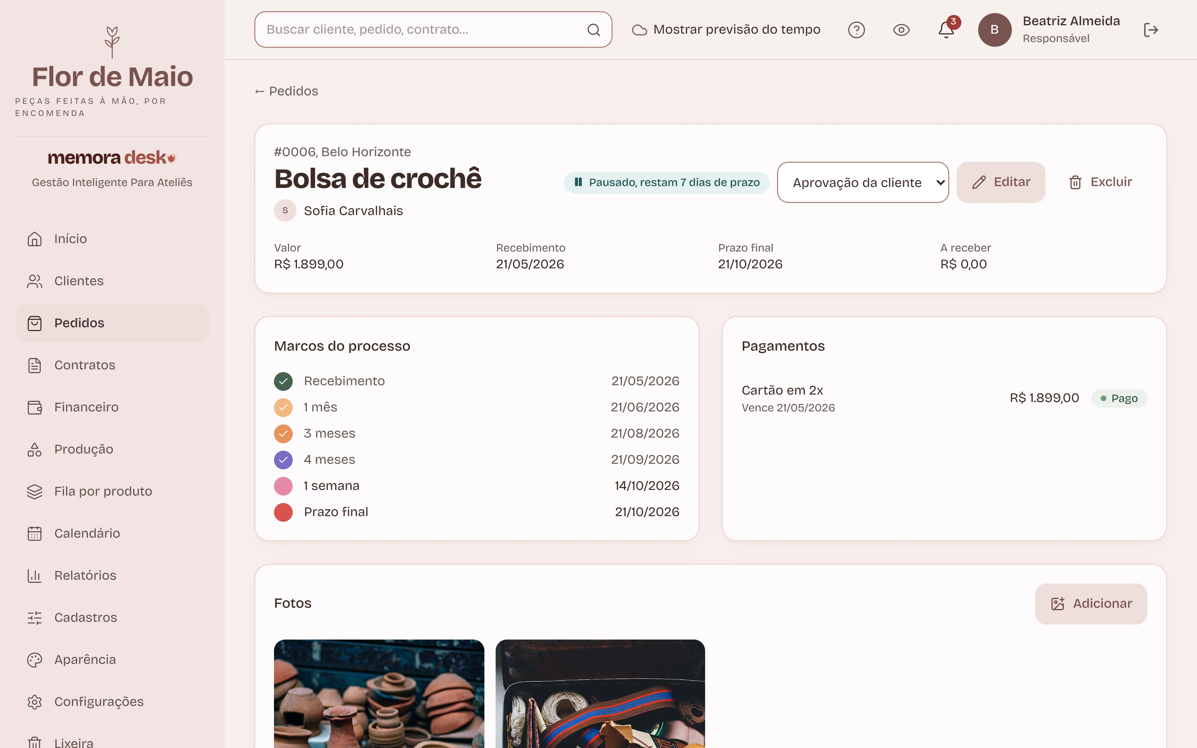 Detalhe de um pedido: valor, data de recebimento, prazo final, marcos do processo, pagamentos de sinal e restante, e espaço para as fotos.